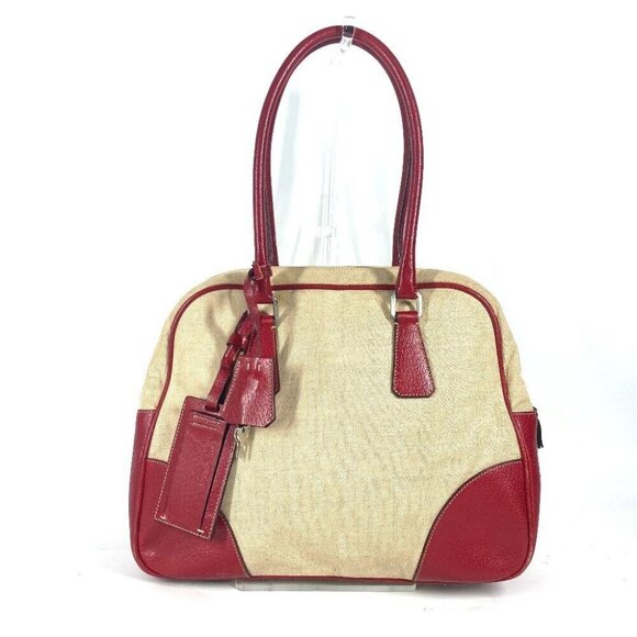 PRADA Bicolor triangle logo plate Shoulder Bag Hand Bag Leather/Canvas Beige/Red - Picture 1 of 14